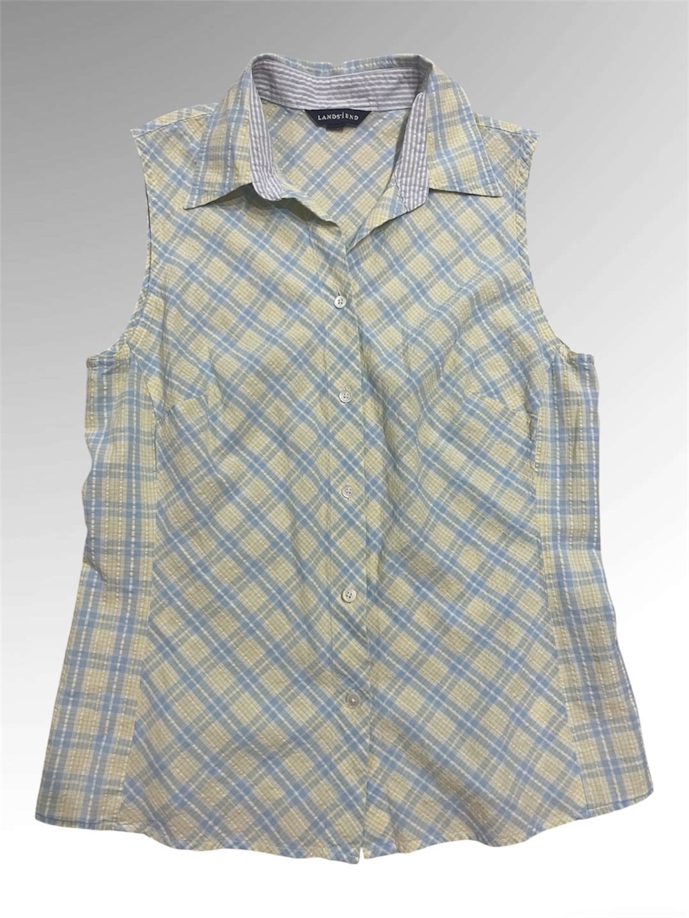 Lands' End Sleeveless Plaid Button-Down Top in Light Blue and Pale Yellow